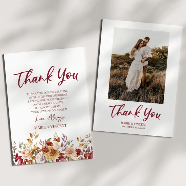 Burgundy Burnt Orange Floral Flowers Custom Photo Thank You Card (Creator Uploaded)