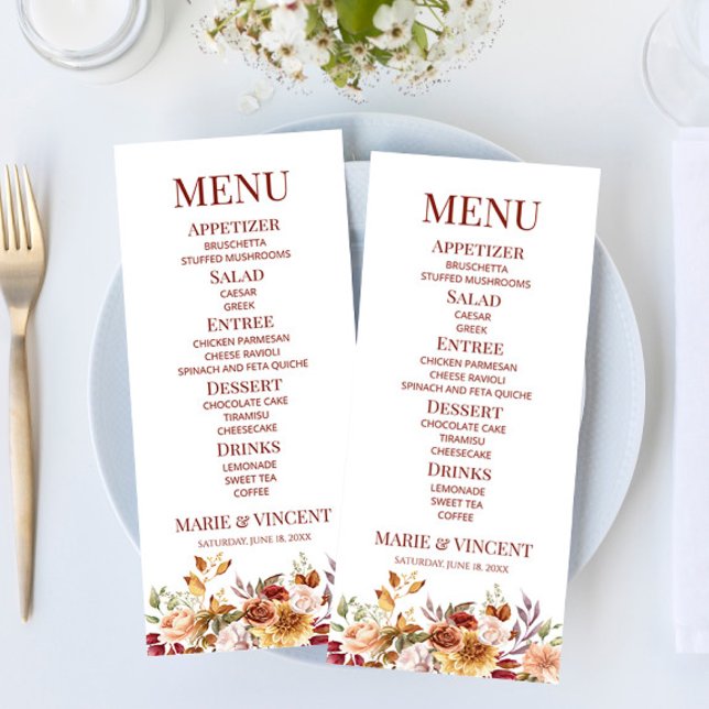 Burgundy Burnt Orange Floral Flowers Wedding Food Menu (Creator Uploaded)