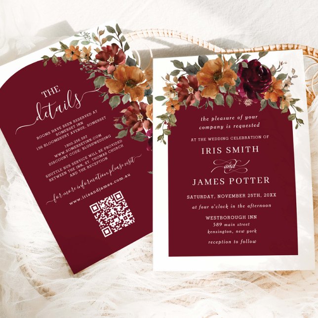 Burgundy Burnt Orange Floral Wedding Details QR  Invitation (Creator Uploaded)