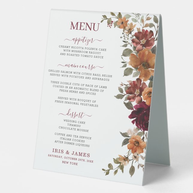Burgundy Burnt Orange Floral Wedding Dinner Menu  Table Tent (Front)
