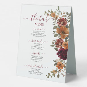 Burgundy Burnt Orange Floral Wedding Drinks Menu Table Tent