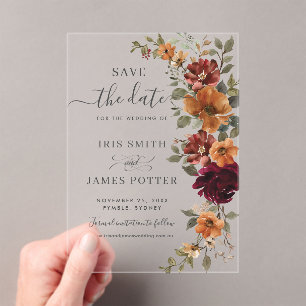 Burgundy Burnt Orange Floral Wedding Save the Date