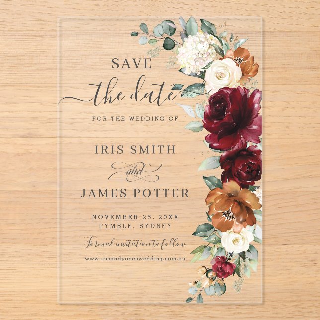 Burgundy Burnt Orange Floral Wedding Save the Date (Front)