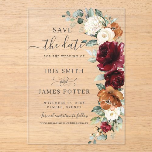 Burgundy Burnt Orange Floral Wedding Save the Date