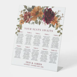 Burgundy Burnt Orange Floral Wedding Seating Chart Pedestal Sign
