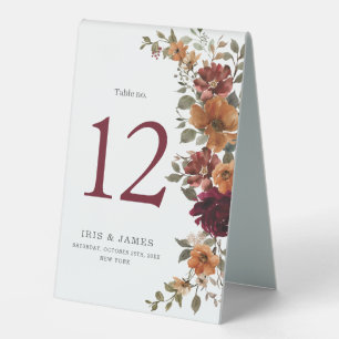 Burgundy Burnt Orange Floral Wedding Table Number Tent