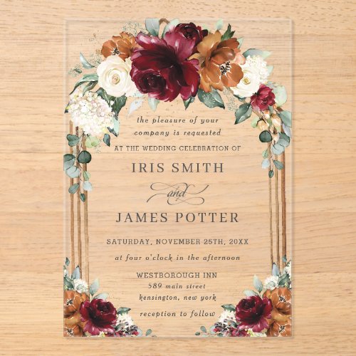 Burgundy Burnt Orange Ivory Floral Arch Wedding