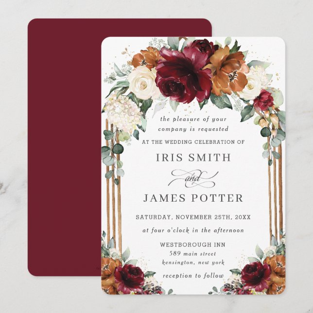 Burgundy Burnt Orange Ivory Floral Arch Wedding Invitation (Front/Back)