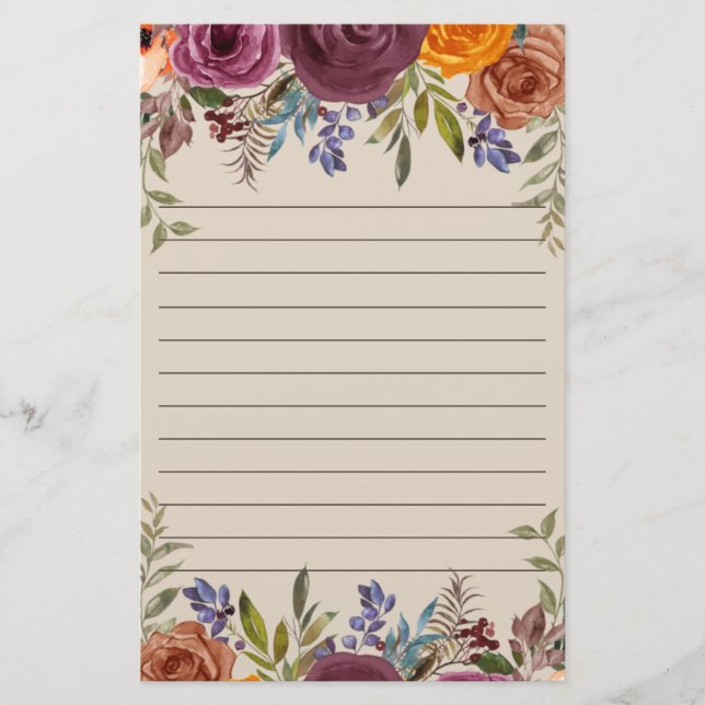 Burgundy Burnt Orange Purple Floral Lined Stationery (Front)