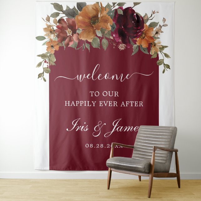 Burgundy Burnt Orange Rust Floral Wedding Backdrop (In Situ)