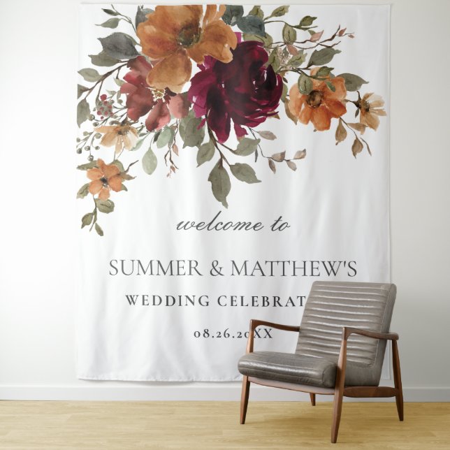 Burgundy Burnt Orange Rust Floral Wedding Backdrop (In Situ)
