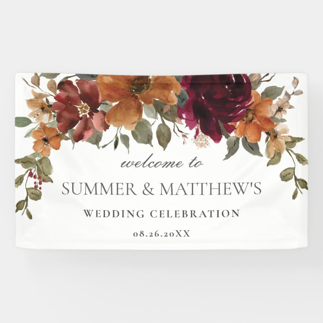 Burgundy Burnt Orange Rust Floral Wedding Backdrop Banner (Horizontal)