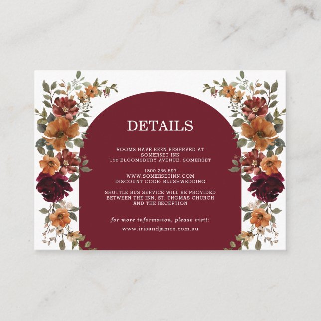 Burgundy Burnt Orange Rust Floral Wedding Details Enclosure Card (Front)