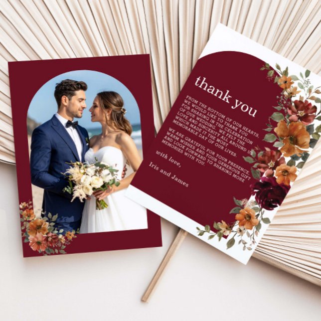 Burgundy Burnt Orange Rust Floral Wedding Photo Thank You Card (Creator Uploaded)