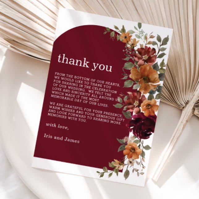 Burgundy Burnt Orange Rust Floral Wedding  Thank You Card (Creator Uploaded)