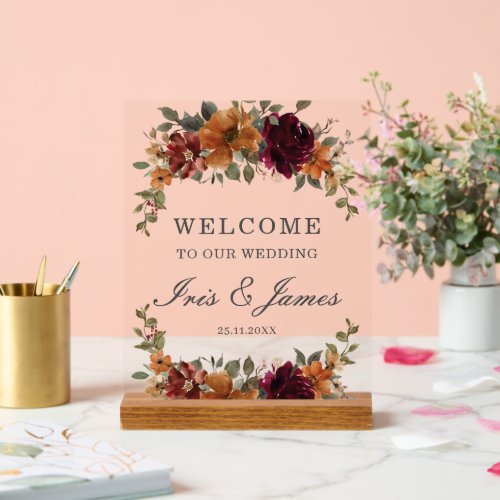 Burgundy Burnt Orange Rust Floral Wedding Welcome Acrylic Sign