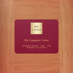 Burgundy business logo name opening hours door sign