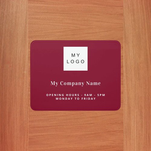 Burgundy business logo name opening hours door sign