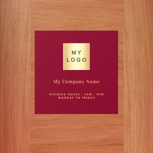 Burgundy business logo opening hours door sign wall decal 