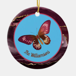 Burgundy Butterfly on Blue Sky Merry and Bright Ceramic Ornament