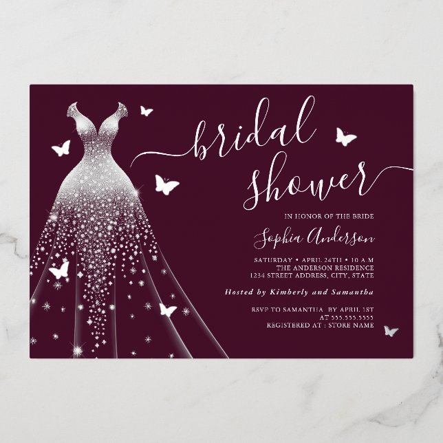 Burgundy Butterfly Sparkle Dress Bridal Shower  Foil Invitation (Front)