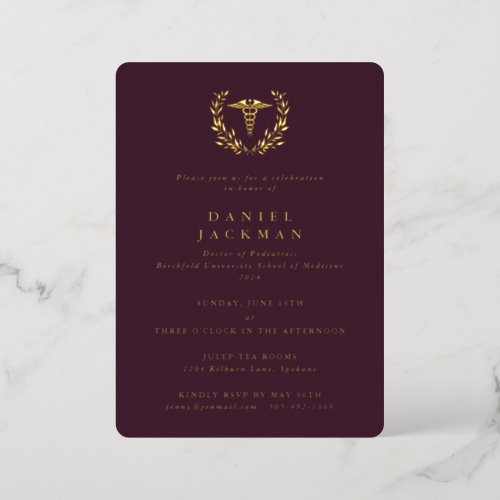 Burgundy CaduceusLaurel Medical School Graduation Foil Invitation