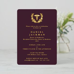Burgundy Caduceus+Laurel Medical School Graduation Foil Invitation