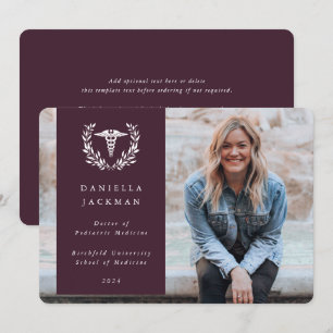Burgundy Caduceus Medical School Graduation Photo Announcement