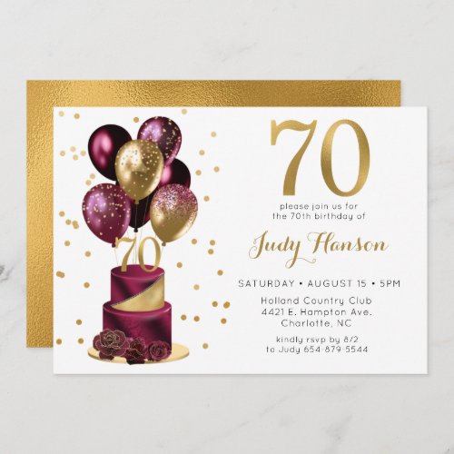Burgundy Cake 70th Birthday Invitation