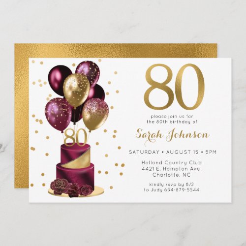 Burgundy Cake 80th Birthday Invitation