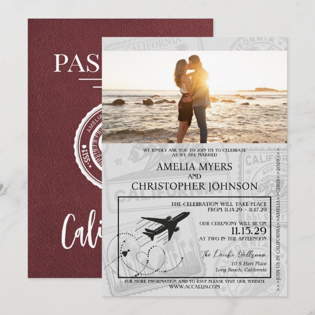 Burgundy California Passport Wedding Invitation (Front/Back)