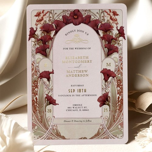 Burgundy Calla Lily Wedding Art Nouveau Mucha Foil Invitation