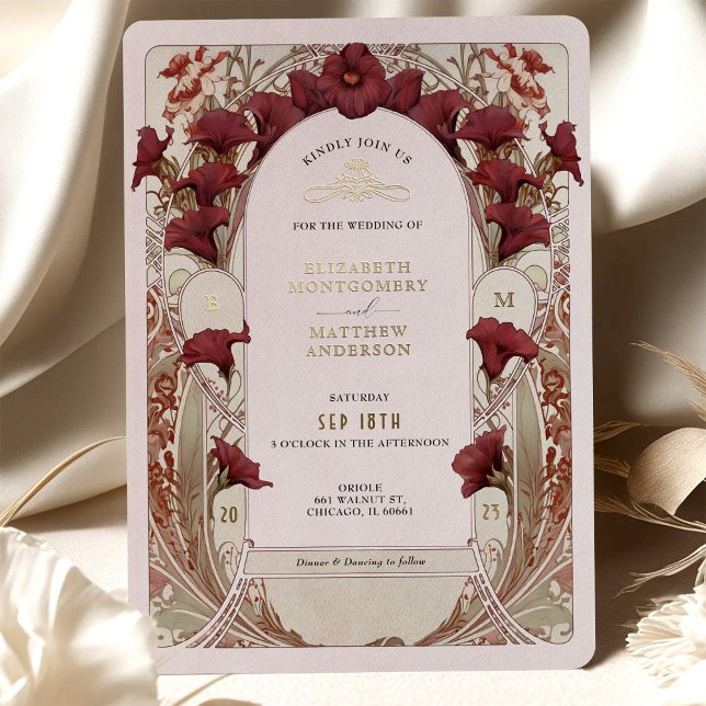 Burgundy Calla Lily Wedding Art Nouveau Mucha Foil Invitation (Creator Uploaded)