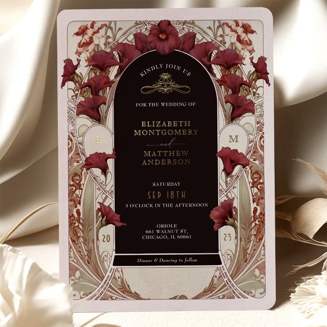 Burgundy Calla Lily Wedding Art Nouveau Mucha Foil Invitation (Creator Uploaded)