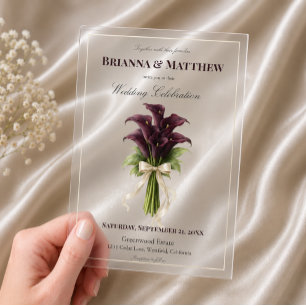 Burgundy Calla Lily Wedding Bouquet Ivory Ribbon Acrylic Invitations