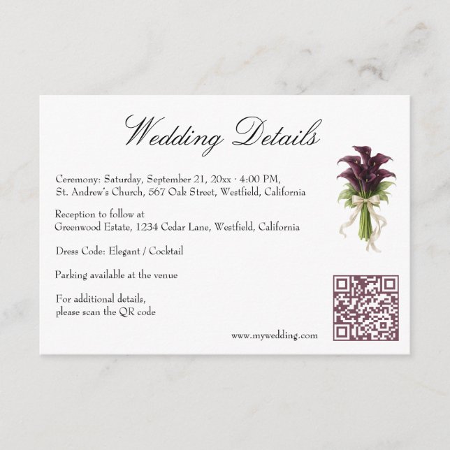 Burgundy Calla Lily Wedding Bouquet Ivory Ribbon  Enclosure Card (Front)