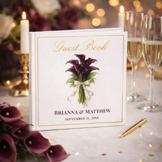 Burgundy Calla Lily Wedding Bouquet Ivory Ribbon Foil Guest Book