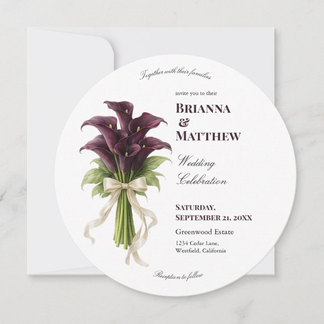 Burgundy Calla Lily Wedding Bouquet Ivory Ribbon  Invitation (Front)