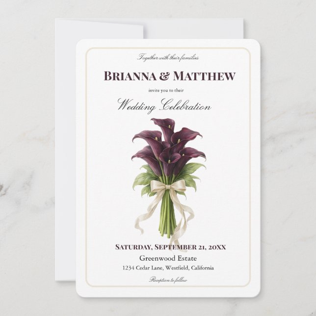 Burgundy Calla Lily Wedding Bouquet Ivory Ribbon  Invitation (Front)