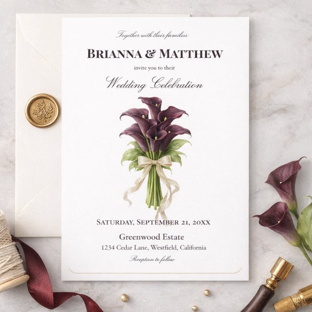 Burgundy Calla Lily Wedding Bouquet Ivory Ribbon  Invitation (Creator Uploaded)