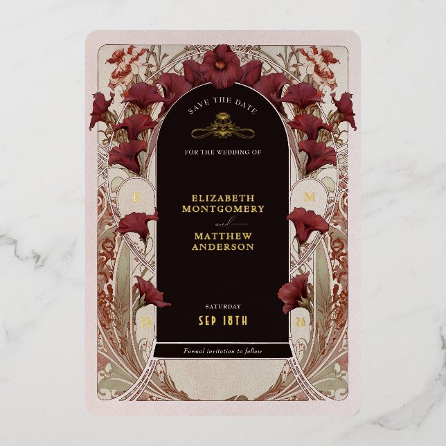 Burgundy Calla Lily Wedding Save The Date Foil Invitation (Front)