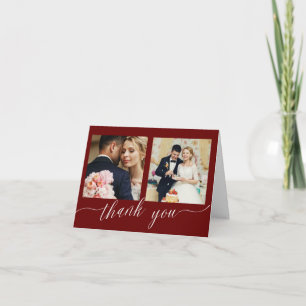 Burgundy Calligraphy 3 photo wedding thank you Card
