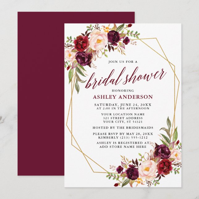 Burgundy Calligraphy Geometric Bridal Shower Invitation (Front/Back)