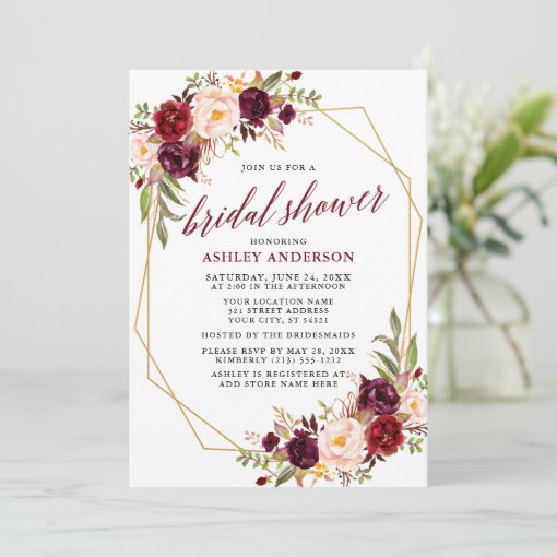 Burgundy Calligraphy Geometric Bridal Shower Invitation | Zazzle