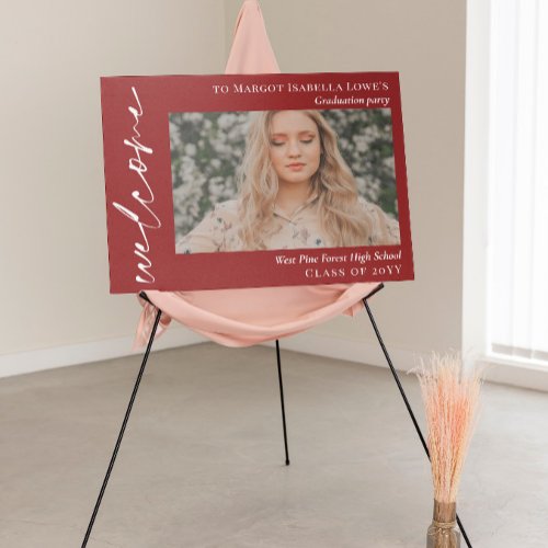 Burgundy Calligraphy Photo Graduation Welcome Foam Board