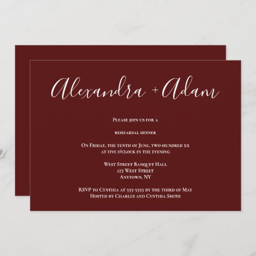 Burgundy Calligraphy Rehearsal Dinner Invitation