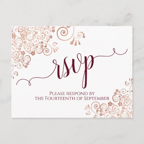 Burgundy Calligraphy Rose Gold Lace Wedding RSVP  Postcard