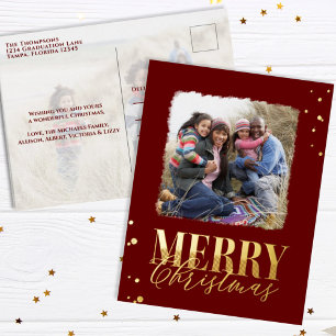 Burgundy Calligraphy Two Photo Christmas Foil  Holiday Postcard