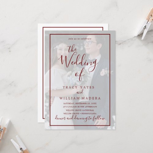 Burgundy Calligraphy Vellum Photo Overlay Wedding  Invitation