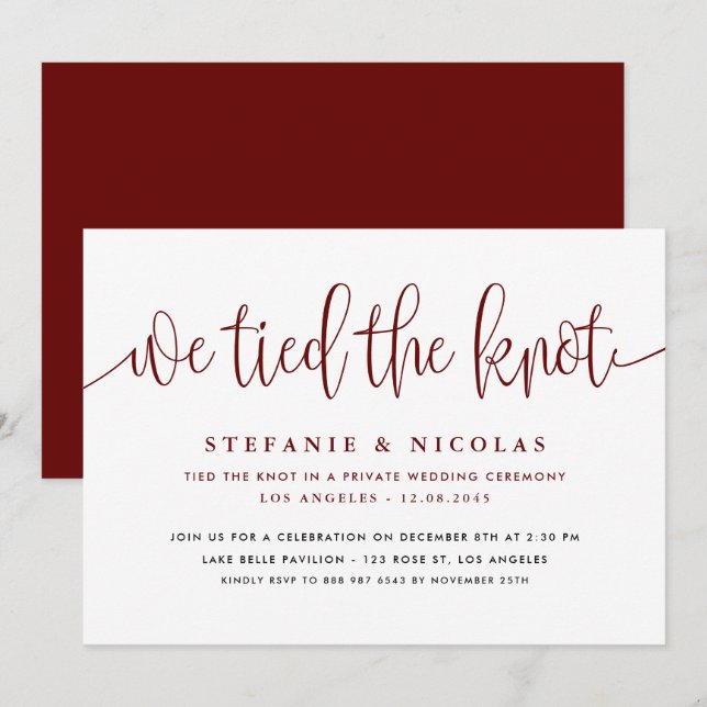 Burgundy Calligraphy We Tied The Knot Wedding Invitation (Front/Back)